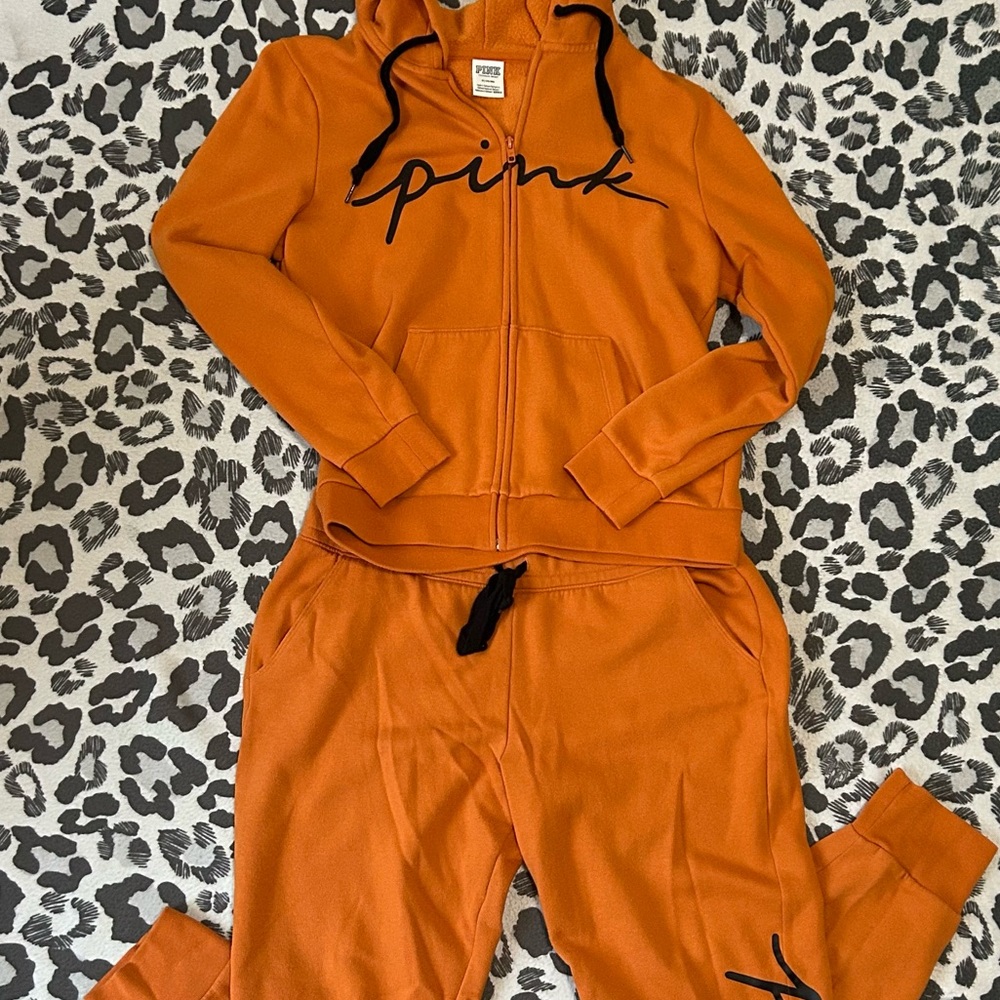PINK Victoria's Secret Orange Zip-Up Hoodie And Sweatpants Set